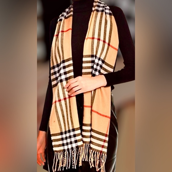 New w/Tags Elegant Plaid Scarf Unisex Tan, red, black & white - Picture 2 of 9